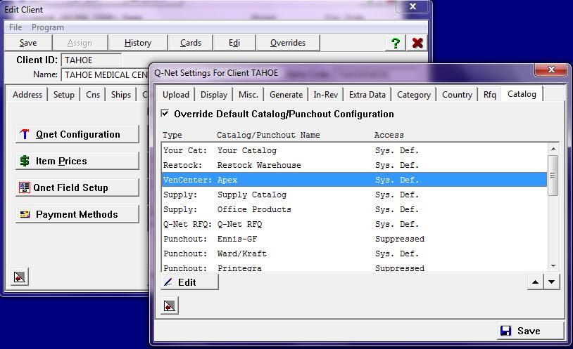 Vendor Center Catalog Settings Display Settings (Q Net Q Net Maintenance Internet Configura on) Selecting the Catalog tab displays all Vendor