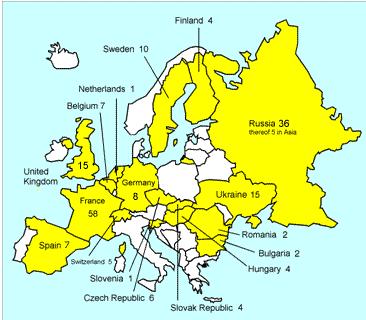 Nuclear power in Europe The number of operational commercial reactors is shown for each country. Nuclear-free countries are indicated in white.