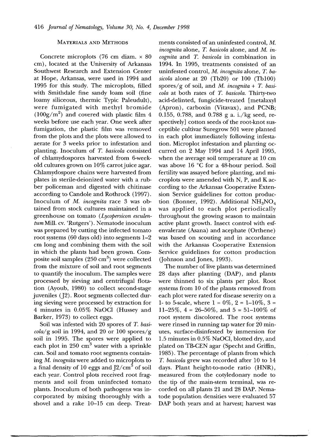 416 Journal of Nematolog~, Volume 30, No. 4, December 1998 MATERIALS AND METHODS Concrete microplots (76 cm diam.