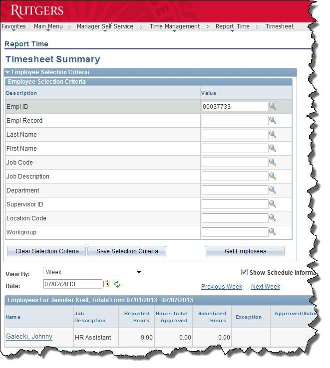Step 2: Enter search criteria into the fields on the Timesheet Summary screen (e.g.