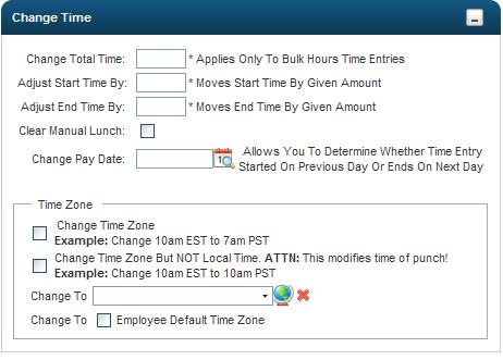 Within the Change Time box, you have the ability to mass edit time by adjusting the start or end time by a certain amount, or the total time.