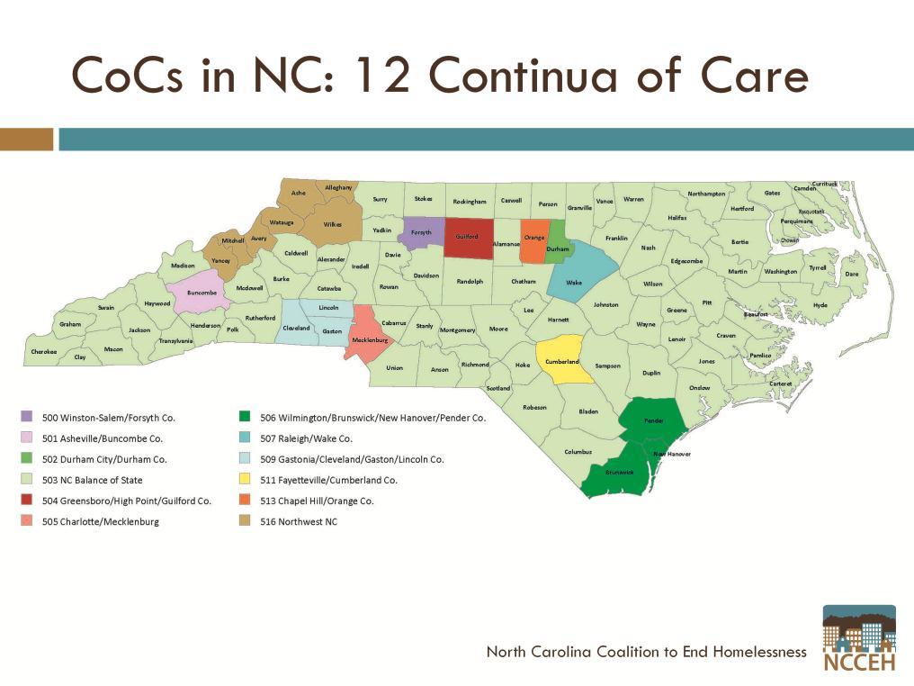 Currently, there are 12 CoCs in NC.