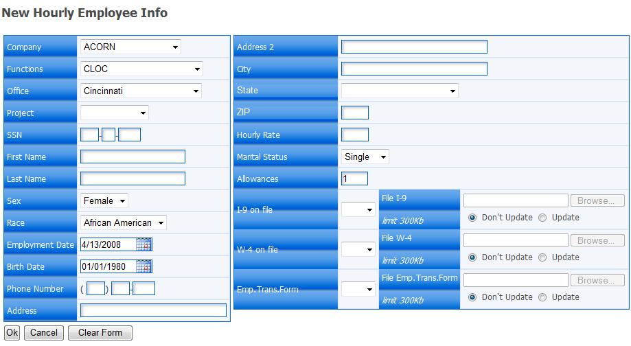 Company Functions Office Project SSN From the provided drop-down menu, select the name of the company for which you are entering the new employee (i.e. Acorn, Acorn Canada, CCI, etc.