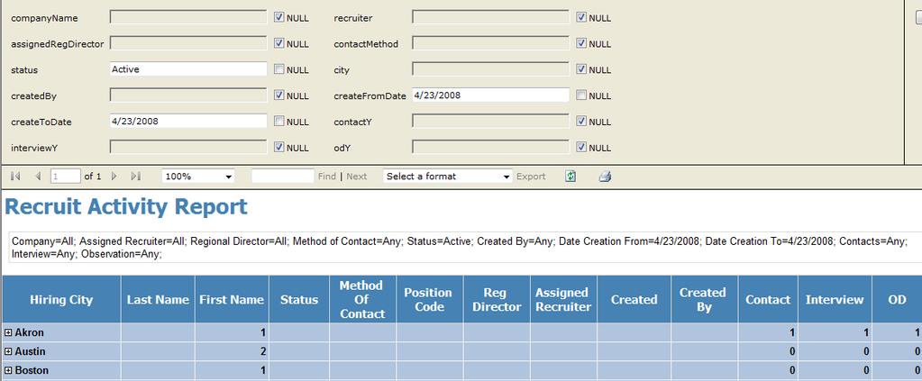 Method of Contact Assigned Regional Director Assigned Recruiter Created By Create Date (From/To) Contacts Interview Observation Day or Hired). If you d like to view phone activity, select Phone.
