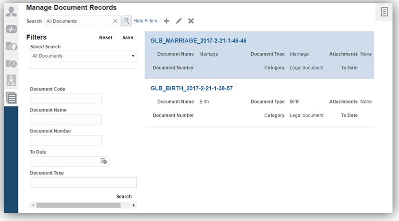 Redesigned Manage Document Records Page in the Personal Information Work Area for