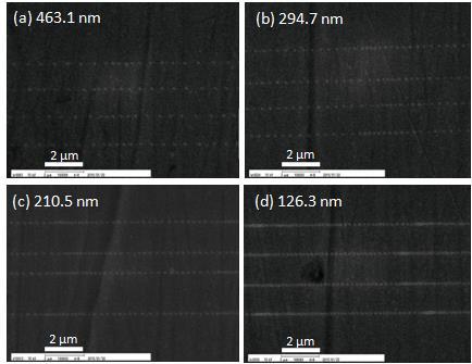 Fig. 9 Dense nanodot patterns fabricated by changing the gap width between dot patterns (a) 463.1 