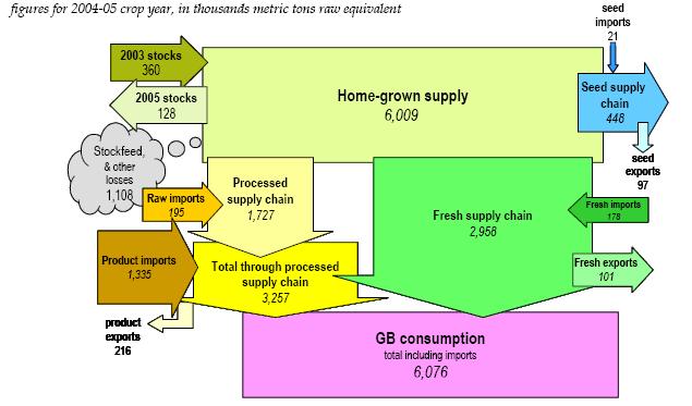 Figure 8. Retail and food service potato consumption in GB, 1988-2005 Source: British Potato Council (2006) Figure 9 depicts the main dimensions of the potato supply chain.