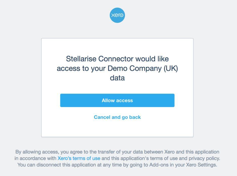 Click on Connect to Xero button to allow Stellarise Connector to access your Xero endpoint.