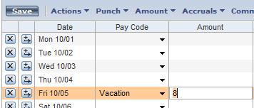 Exempt Electronic Timecard Employees (continued): 5) Hit tab or click in the Amount column 6) Enter amount of leave taken must be entered in full shift amount 7) Click Save in the upper left corner