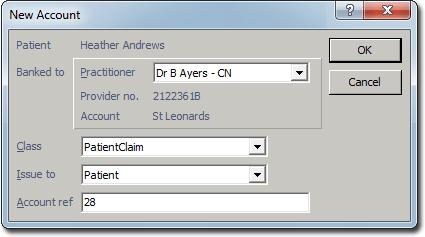 From the Class drop-down menu, select the Patient Claim class you associated with this practitioner earlier. 5. Click the OK button. You will be presented with the Account Details window.