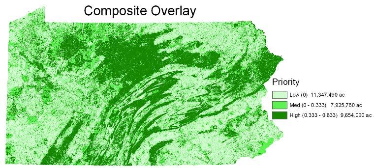 The output results of the composite overlay are shown below. Some of the highest ranking landscape areas coincide with landscapes identified as Conservation Landscape Initiatives (CLIs).