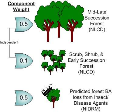 The three components created as input for the forest pest priority landscape model. The output for the forest pest priority landscapes model is shown below.
