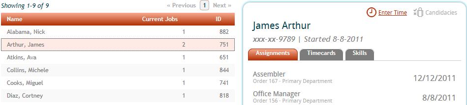 The Assignments tab will display all Assignments for this Employee. The Timecards tab will display all Timecards for this Employee.