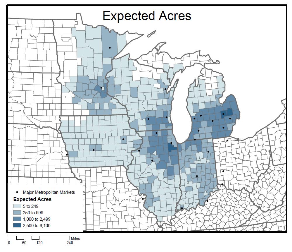 Example: Fruit & Vegetable Production in Midwest Study estimates county-level fresh fruit and vegetable production potentials (supply side) and expected sales based on current population (demand