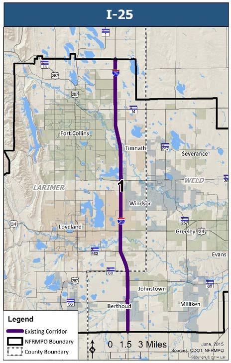 RSC Vision 1: I-25 RSC 1 extends from Larimer County Road (CR) 56 (northern NFRMPO boundary) to Weld CR 38 (southern NFRMPO boundary).