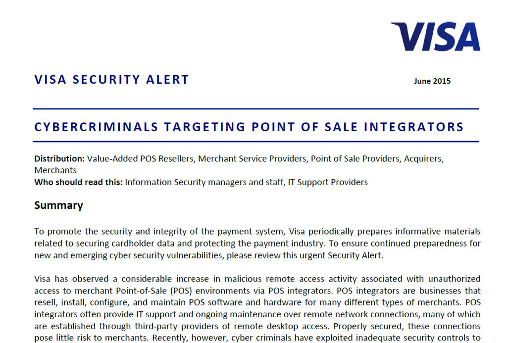 Visa Security Alert Integrators
