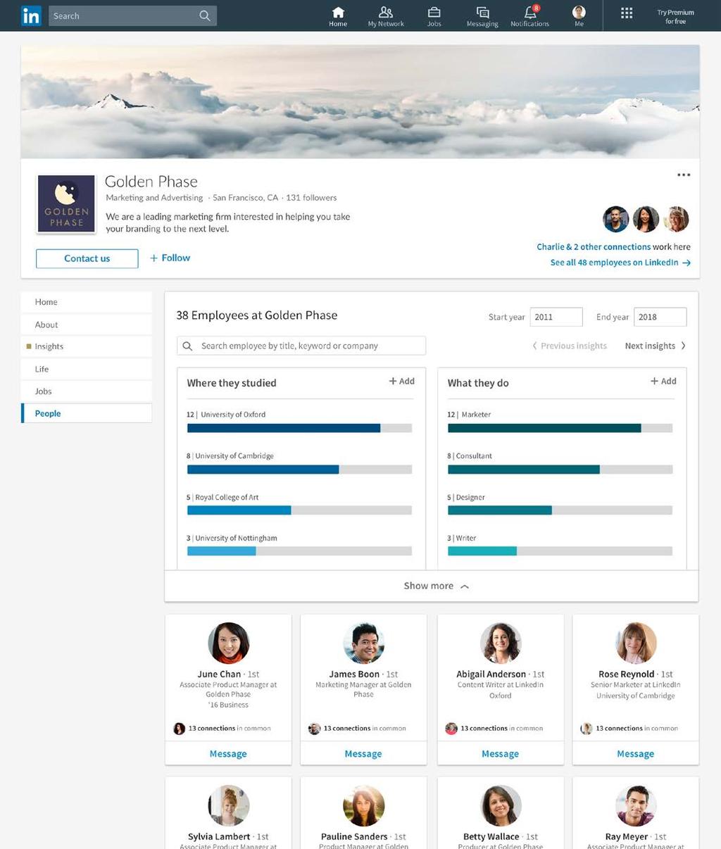 Activate your employees Leverage employee networks New: People explorer Employees are an extension of the company s brand, and their connections can offer a multiplier