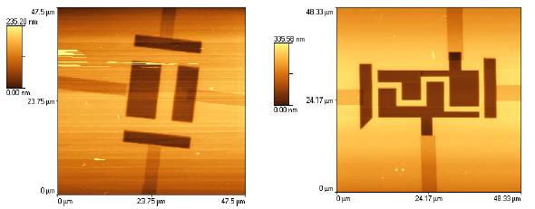 Figure 3. Contact mode AFM images of the structures used. 3. Results In Fig. 4 are shown the simultaneous electrical, thermal and topography scans obtained on the bar structure shown in Fig.3. The scans were taken at room temperature and pressure.