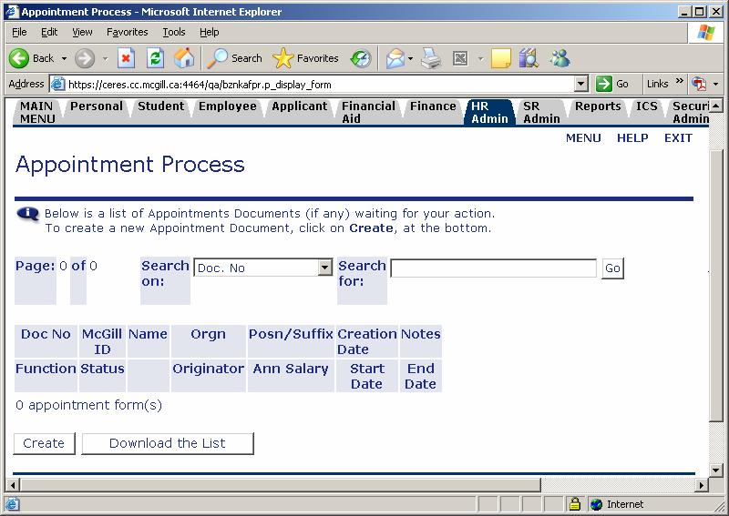 (Sample A) To create a new appointment form, click on the Create button.