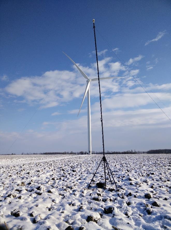 A microphone was placed on a measurement board at ground level, 156.5 meters from the turbine in the downwind direction.