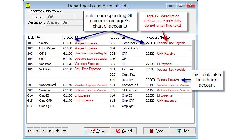 GL Mapping in Paymate (one time task) The GL Accounts must be specified within Paymate for the import into agrē to work properly. Note In Paymate, GL Accounts are specified per department.
