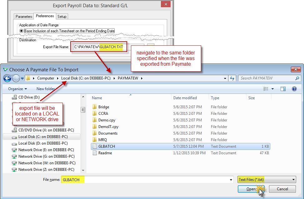 From the Choose A Paymate File to Import window, navigate to where Paymate exported the file, select it, and click Open.