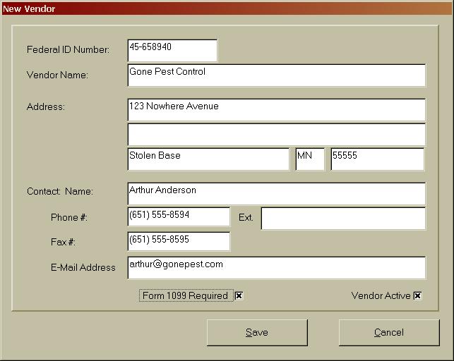 CTAS User Manual 1-13 Setting Up Your CTAS System: Vendors (continued) When the New Vendor screen appears, complete the following steps: For vendors that require a 1099, enter their Federal ID Number.