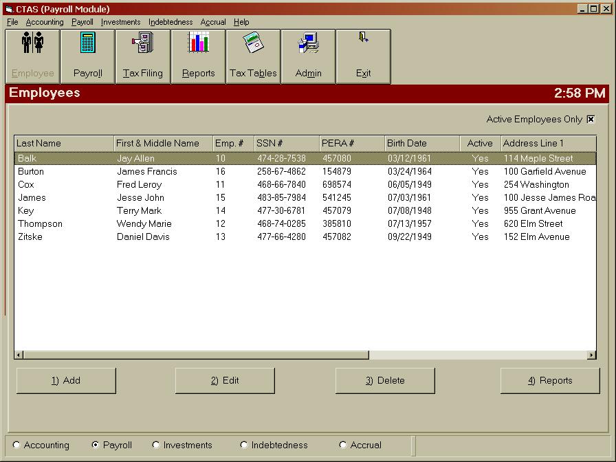 CTAS User Manual 1-14 Setting Up Your CTAS System: Payroll System To select the Payroll Module, click on the Payroll radio button on the bottom of the screen or click on Payroll on the task bar.