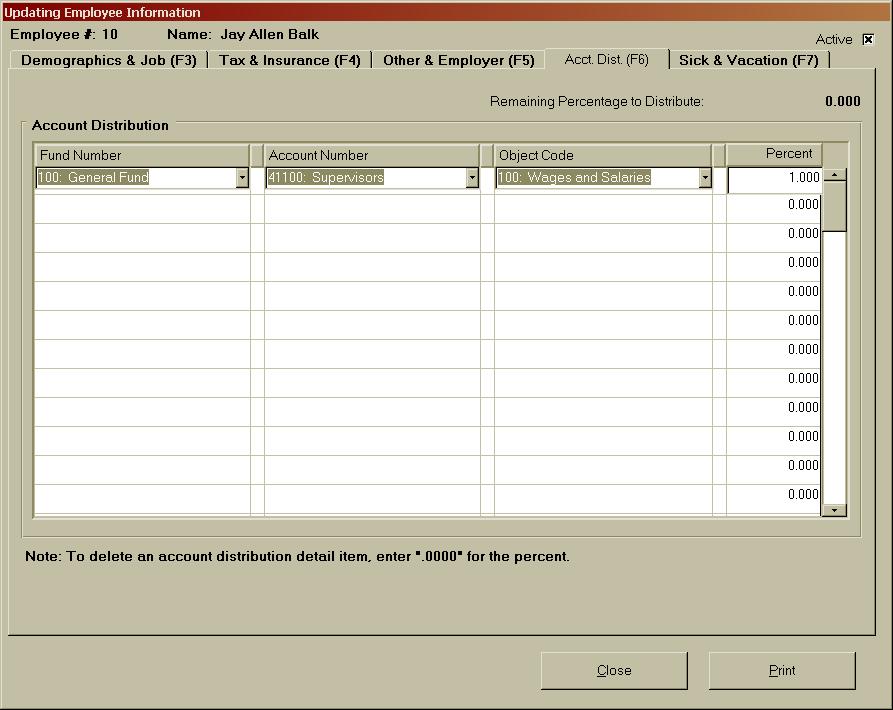 CTAS User Manual 1-18 Setting Up Your CTAS System: Payroll System (continued) 4. Entering information in Tab 4 Acct Dist. (F6) The fourth tab is for the Account Distribution screen. On this screen, 1.