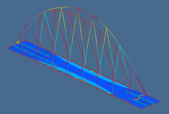 Fig. 2. Arch bridge design The two arch springs are modelled as clamped constraints and do not sustain any movements and rotations. The bridge deck is supported in the vertical direction at both ends.