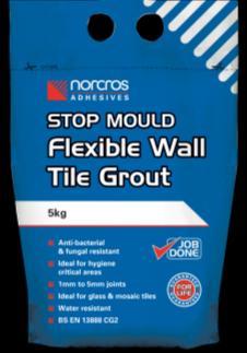 If larger tiles are to be used, they should be fixed using Norcros One Part Flexible White or Norcros Standard Set Flexible S1 adhesive.