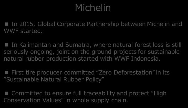 Michelin In 2015, Global Corporate Partnership between Michelin and WWF started.