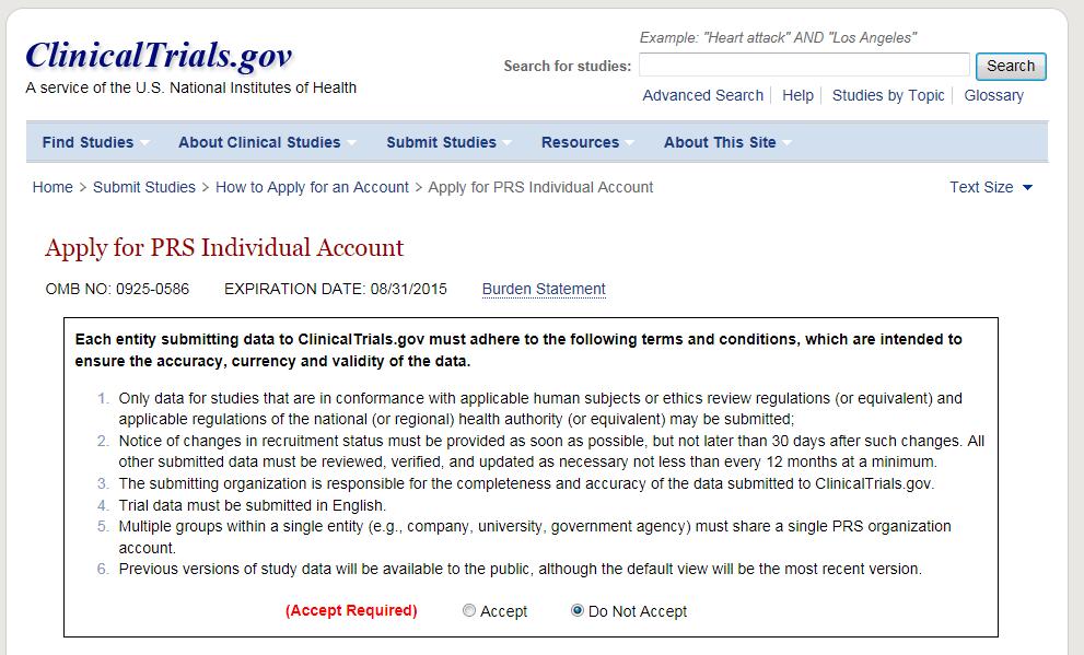 HOW TO ESTABLISH AN INDIVIDUAL PRS ACCOUNT To request an account, go to the main ClinicalTrials.