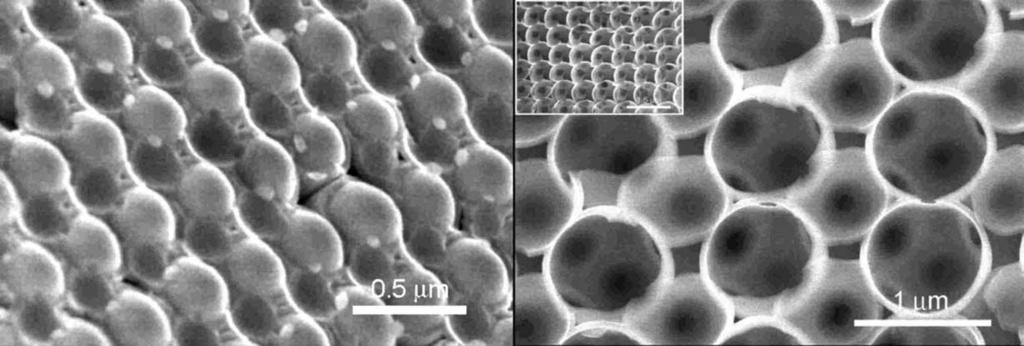 F. Meseguer et al. / Colloids and Surfaces A: Physicochem. Eng. Aspects 202 (2002) 281 290 289 Fig. 6. Left: SEM images of the internal (110) face of silicon infiltrated opal.