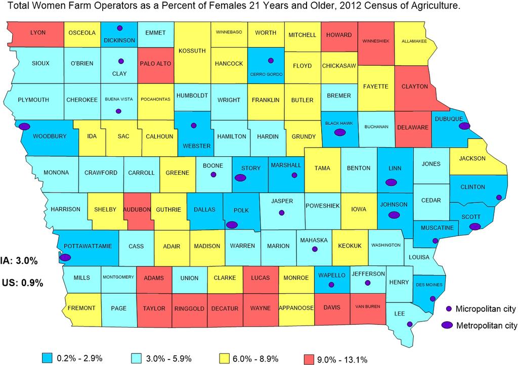 Many women and men in Iowa are involved in farming. To get an estimate of the participation in agriculture, the number of farm operators can be divided by the number of persons age 21 and older.