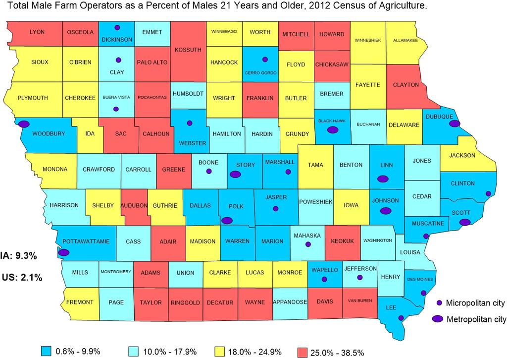 Iowa s large metropolitan counties had fewer than one percent of women farm operators while several rural counties exceeded 10 percent. Male farm operators were estimated to be 9.