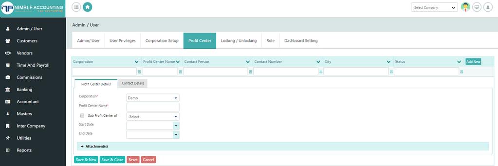 After that, you will be redirected to screen showing Profit Centre details, Contact details in two separate tabs as shown below, by default Profit Centre details tab will get selected and fill the
