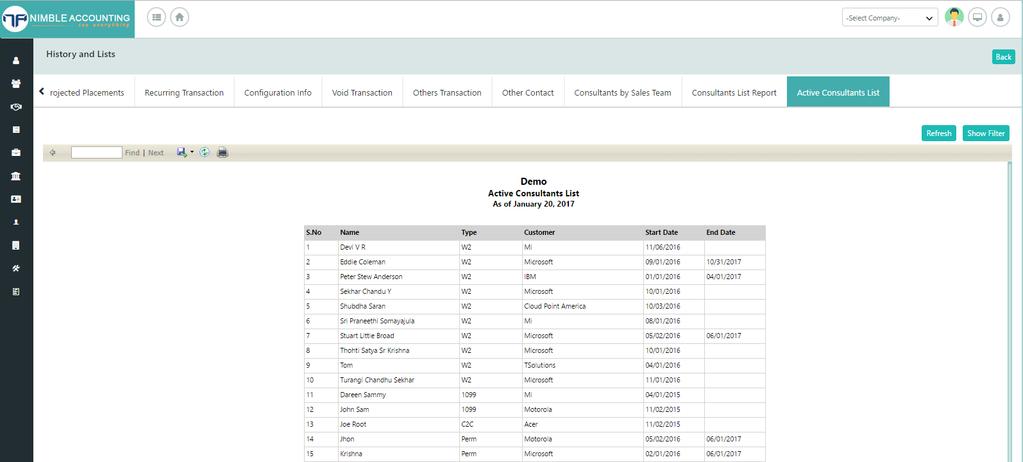 Active Consultants list Corporation wise count Active Consultant List report showing all the active consultants list with their Name, Type, Customer, Start date and End date.