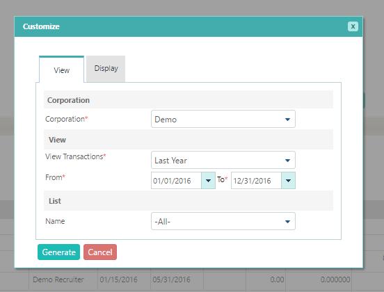 Month wise Placement Details Customize window By Selecting View tab, customize the report by Corporation, view transactions range, from date, to date and name list By Selecting display tab, customize