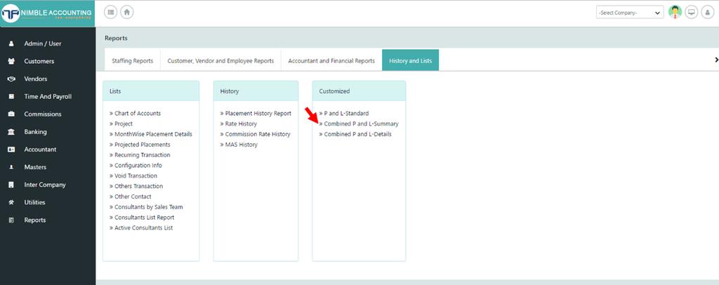 Reports Screen By Clicking on Combined P & L Summary, you will be