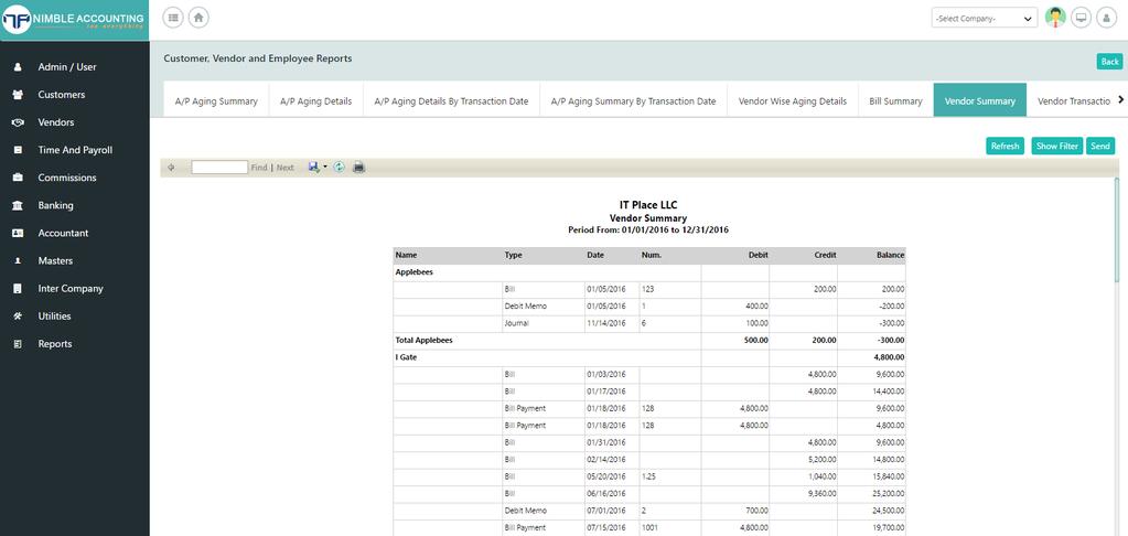 Vendor Summary Vendor Transactions list Navigate to Reports screen and clicking on vendor