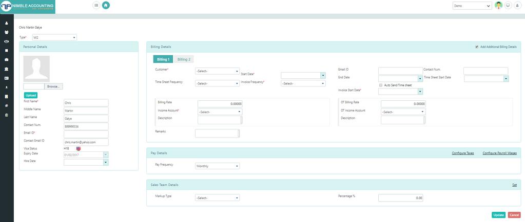 Configure Sales Team Details Screen In Sales team details, select payable to (Manager, Recruiter, Representative, and Third party), Select Name or you can select Add New for adding new vendor,