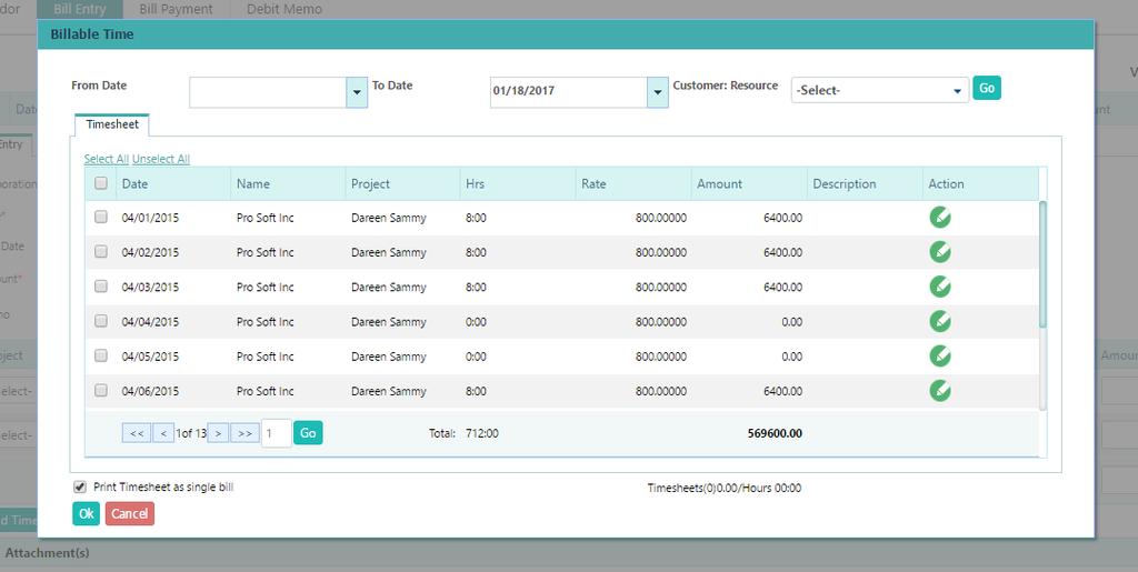 Select the entries billable to the vendor and Click on Ok.