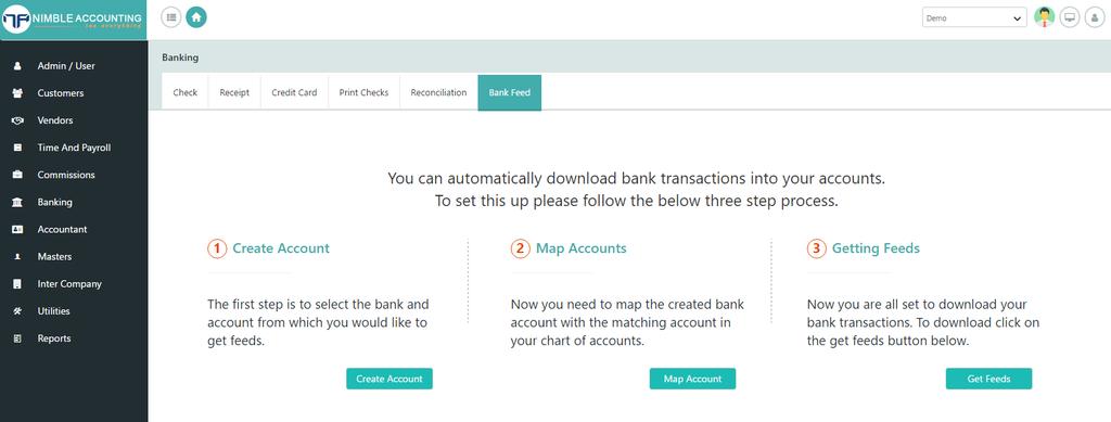 Bank Feed Screen First step, you need a Create Account. Click on Create Account, you will pop up with screen to connect your bank account to Nimble Accounting to download the feed.