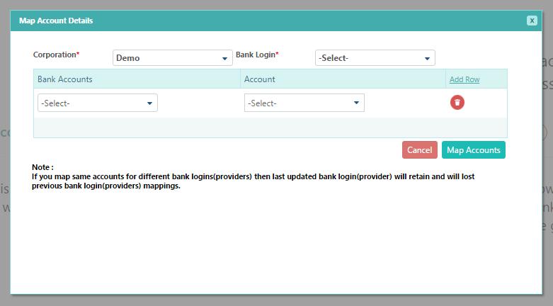 Bank Feed Map Account Screen Select Corporation, Bank Login. Select Bank Accounts and Account. Click on Map Accounts.