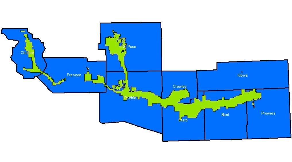 The District includes parts of 9 counties, along the Arkansas River and Fountain Creek corridors.