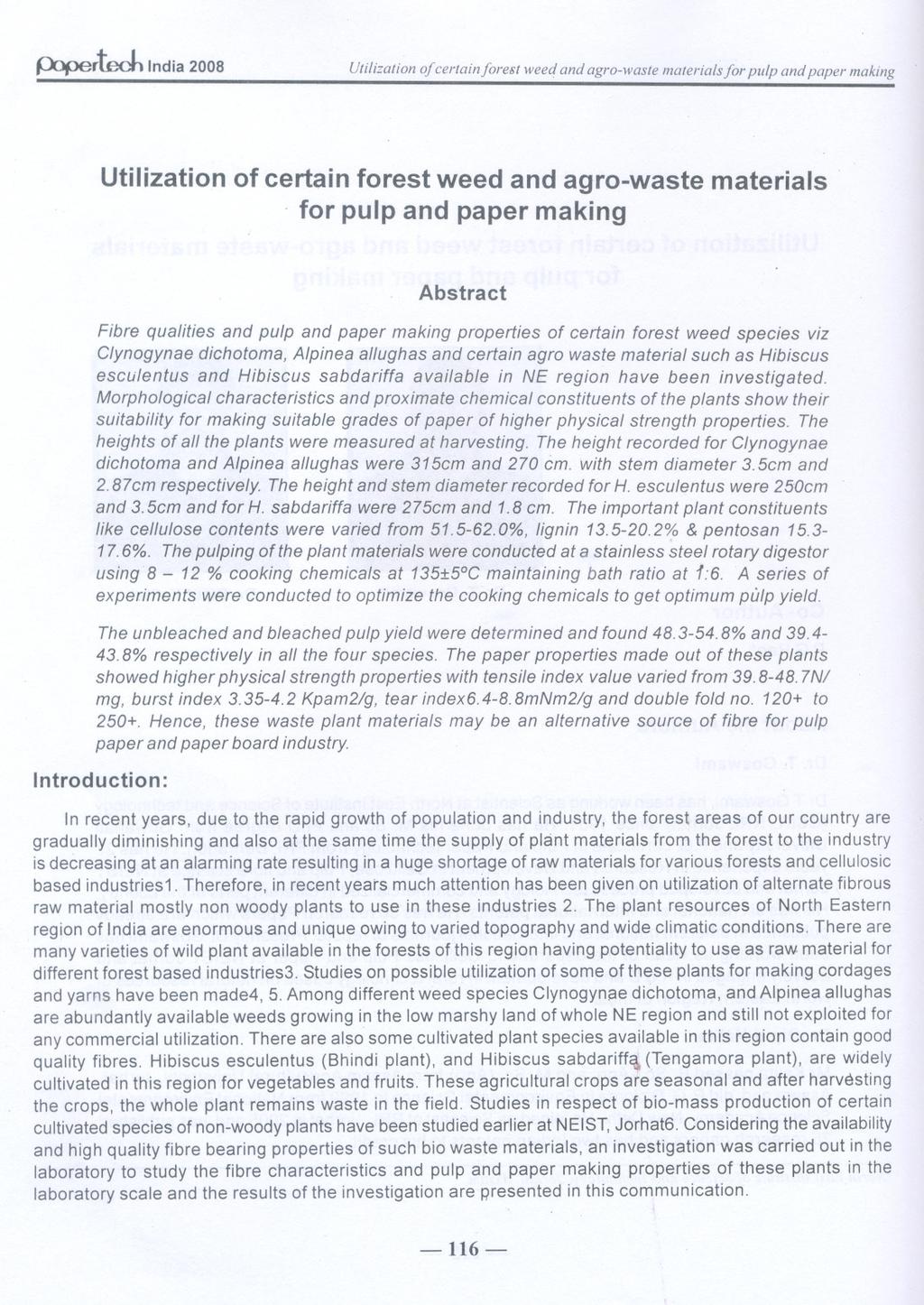 P1f;>eitech India2008 Utilization of certainforest weed and agro-waste materials for pulp and paper making Utilization of certain forest weed and agro-waste materials for pulp and paper making