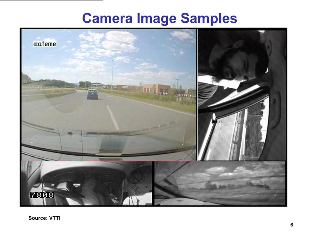 This slide shows what the camera views are on the instrumented vehicles: The 4 views in the image at the upper left are the 4 video camera views: - Forward (large color view of what the driver sees