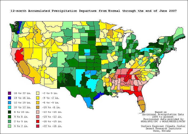 The 12-month precipitation accumulation in Figure 2 indicates that, with the exception of northwest Nebraska, the vast majority of the basin is either