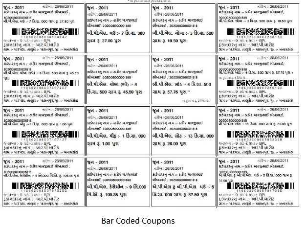 Each coupon sheet contains commodity-wise bar coded coupons. Each coupon contains details such as the name of the card holder, commodity name, quantity, price, month of entitlement, FPS name etc.